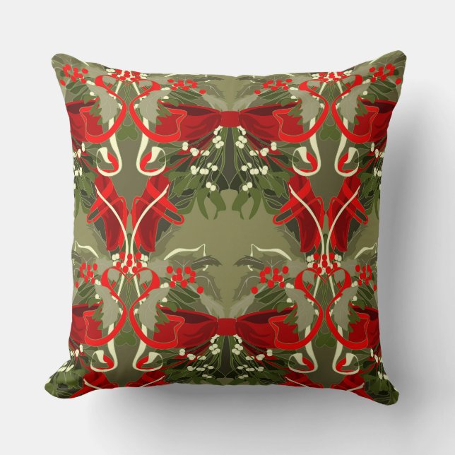 Mistletoe and Holly Christmas Throw Pillow (Front)