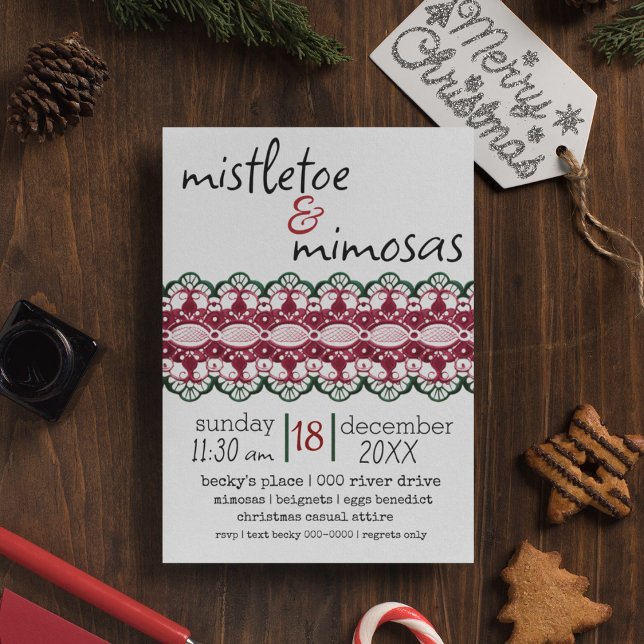 Mistletoe and Mimosas Holiday Party  Invitation (Mistletoe and mimosas customizable holiday party invitation with lace design. )