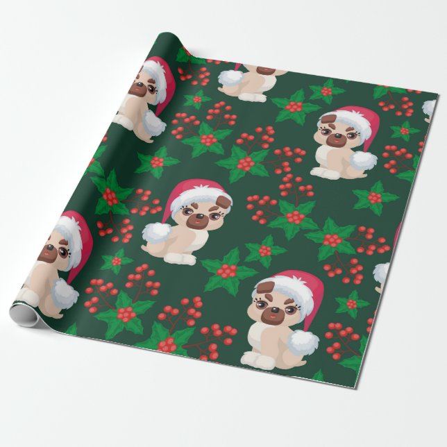 Mistletoe and Puppies Wrapping Paper (Unrolled)
