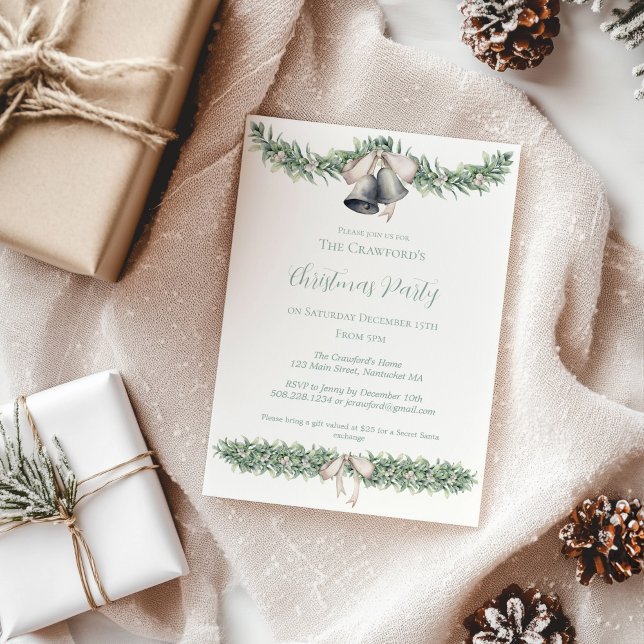 Mistletoe and Silver Bells Christmas  Invitation (Silver Bells and Mistletoe Christmas Party Invitation)