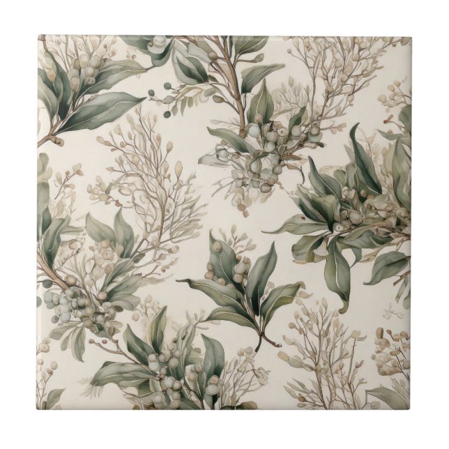 Mistletoe Botanical - Green Leaves, Branches Ceramic Tile (Front)