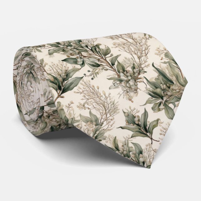 Mistletoe Botanical - Green Leaves, Branches Tie (Rolled)