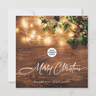 Mistletoe Branch Rustic Corporate Christmas Wood Holiday Card