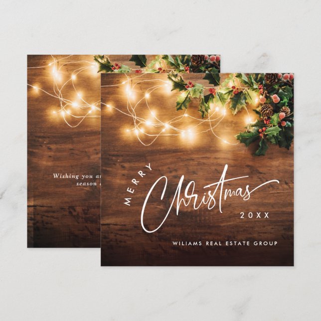 Mistletoe Branch Rustic Corporate Christmas Wood Holiday Card (Front/Back)