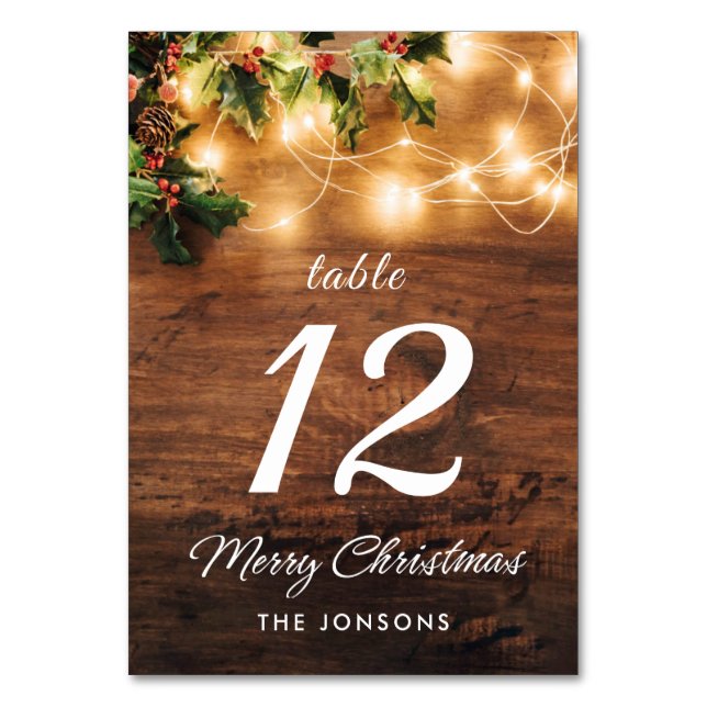 Mistletoe Branch Rustic Wood Holiday Christmas Table Number (Front)
