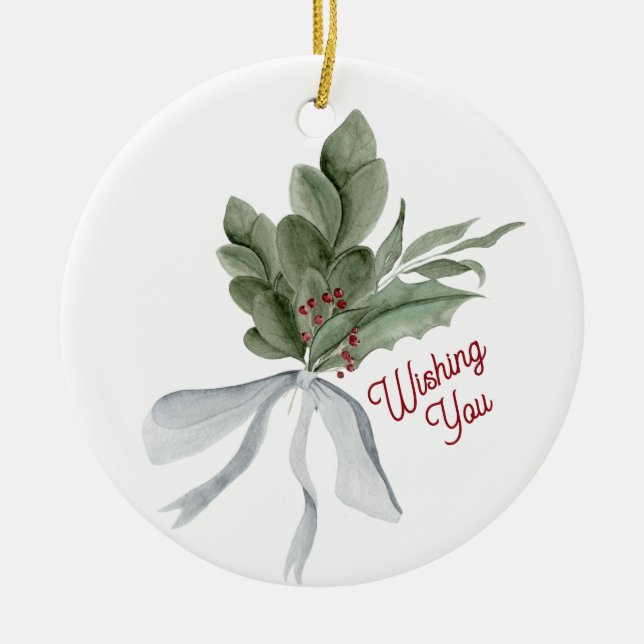 Mistletoe Christmas Foliage Personalized Ceramic Ornament (Front)