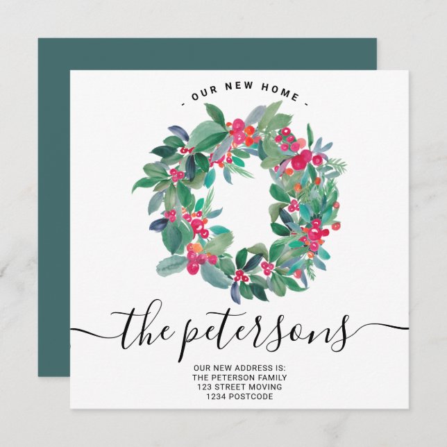 Mistletoe Christmas wreath watercolor moving Announcement (Front/Back)