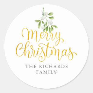Mistletoe Gold Script Merry Christmas Family Name Classic Round Sticker