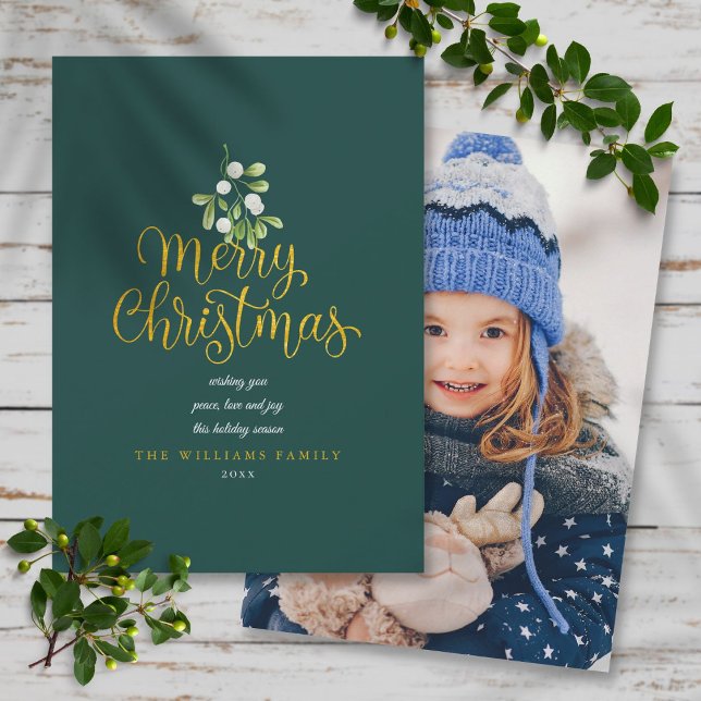 Mistletoe Gold Script Merry Christmas Photo Holiday Card (Mistletoe Gold Script Merry Christmas Photo Holiday Card)