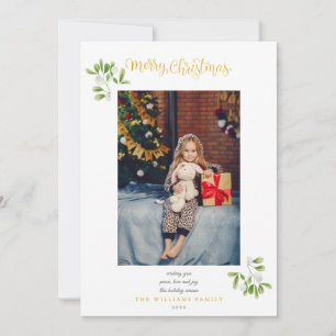 Mistletoe Gold Script Merry Christmas Photo Holiday Card