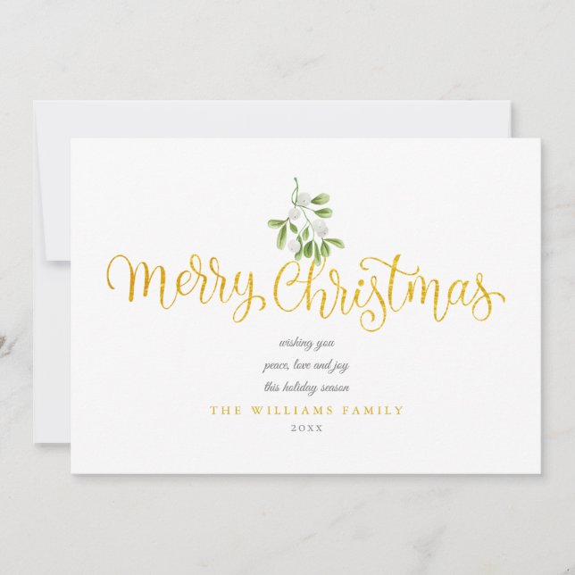 Mistletoe Gold Script Merry Christmas Photo Holiday Card (Front)