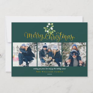 Mistletoe Gold Script Photo Collage Christmas Holiday Card