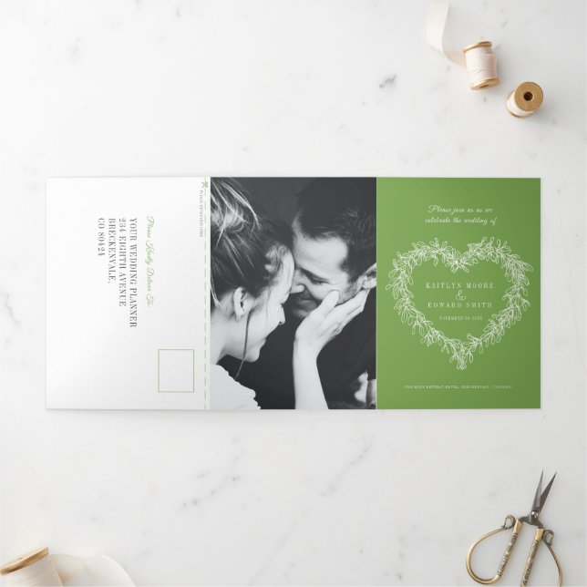 Mistletoe green white wedding meal option RSVP  Tri-Fold Invitation (Outside)