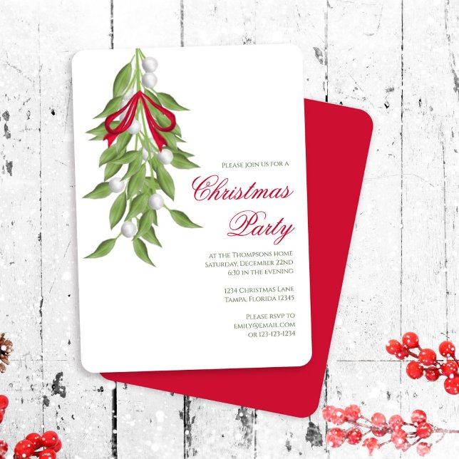 Mistletoe Greenery Custom Christmas Party Elegant Invitation (Christmas party Mistletoe Holiday Invitation.)