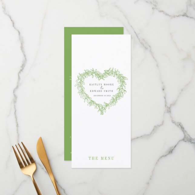 Mistletoe heart green white wedding menus (Front/Back In Situ)