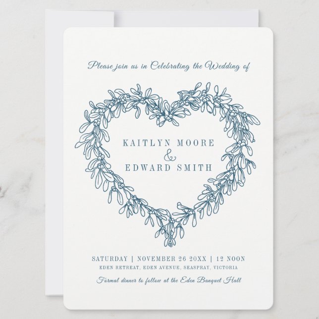 Mistletoe heart line art wedding blue white  invitation (Front)