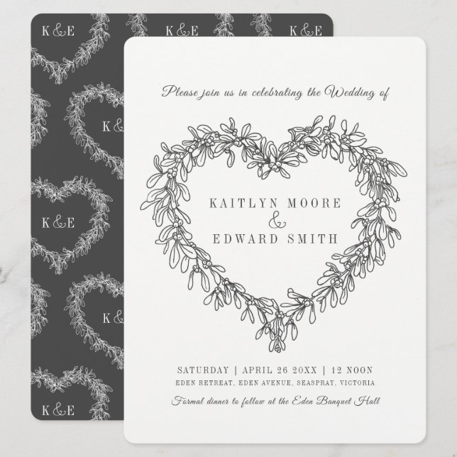 Mistletoe heart line art wedding dark grey white invitation (Front/Back)
