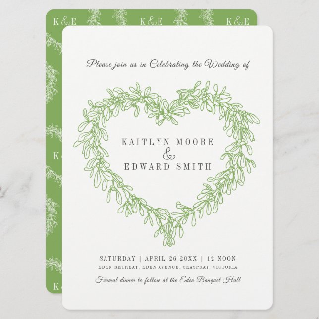 Mistletoe heart line art wedding green white invitation (Front/Back)