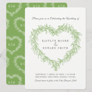 Mistletoe heart line art wedding green white invitation
