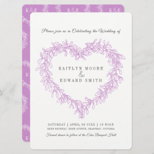 Mistletoe heart line art wedding purple white invitation