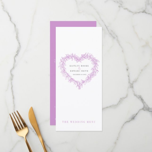Mistletoe heart purple white wedding menus (Front/Back In Situ)
