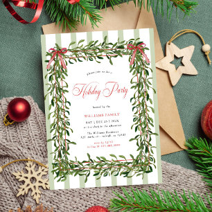 Mistletoe Holiday Party Red Bow Stripes Christmas Invitation