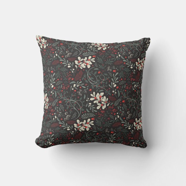 Mistletoe, Holly, Red Berries on Black Background Cushion (Front)