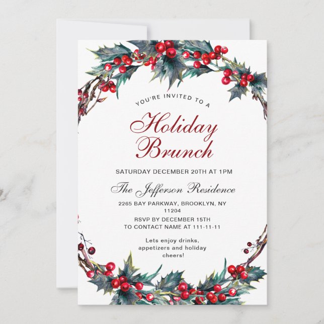 Mistletoe Holly Wreath Christmas Holiday Brunch Invitation (Front)