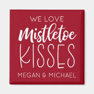 Mistletoe Kisses Typography Red Christmas Magnet