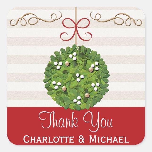 Mistletoe Kissing Ball Thank You Square Sticker (Front)