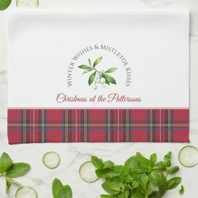 Mistletoe Leaves Customised Surname Christmas Tea Towel (Folded)