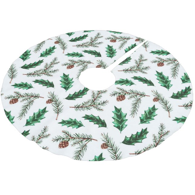 Mistletoe Leaves Pine Branches  Brushed Polyester Tree Skirt (Angled)