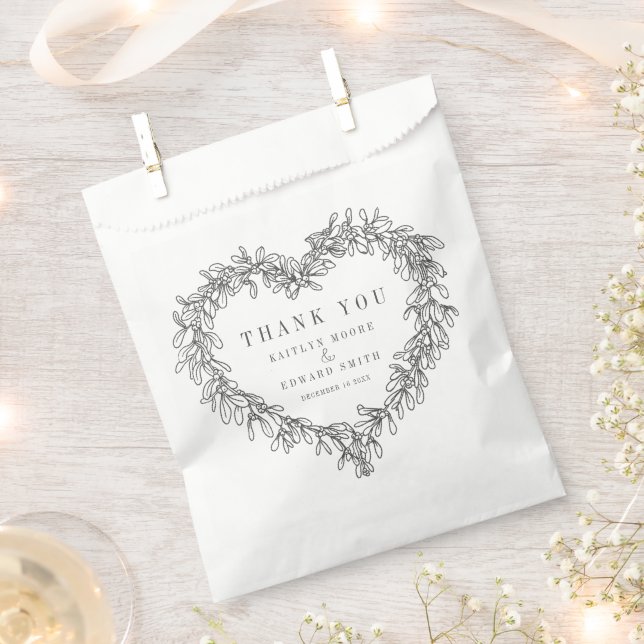 Mistletoe line art black white wedding thank you favour bag (Clipped)