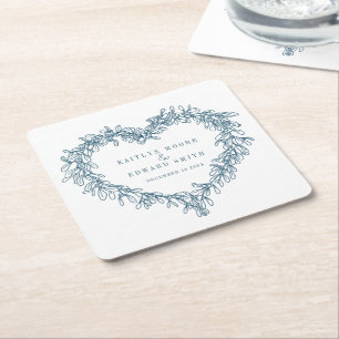 Mistletoe line art blue white winter wedding square paper coaster