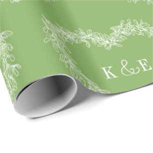 Mistletoe line art drawing monogram green white wrapping paper