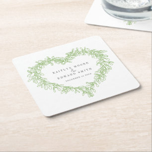 Mistletoe line art green winter wedding custom square paper coaster
