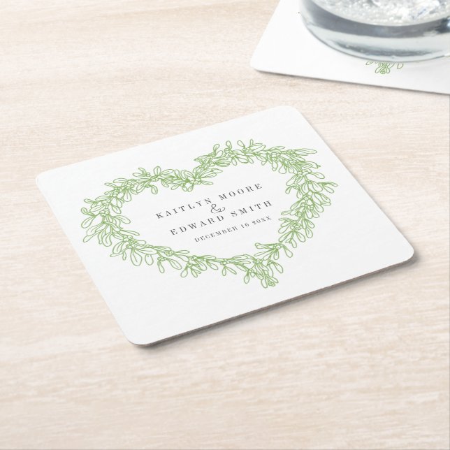 Mistletoe line art green winter wedding custom square paper coaster (Angled)