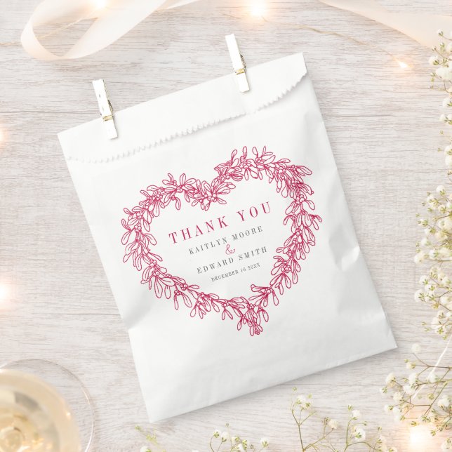 Mistletoe line art red white wedding thank you favour bag (Clipped)