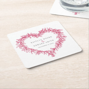 Mistletoe line art red winter wedding custom square paper coaster