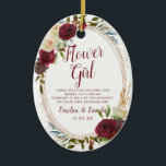 Mistletoe Manor Floral To the Flower Girl Quote Ceramic Ornament<br><div class="desc">Mistletoe Manor Watercolor Lush Roses Design with Hand Painted Florals, Holly Berry Leaves, Pine Sprig Foliage, and Watercolor Paint Brush Strokes. Colourful Marsala, Wine Merlot Red, Burgundy, Ivory Cream, and Green. With Swirly Chic Typography Brush Script Fonts and Rose Gold Elegant Floral Oval Frame - Flower Girl Heartfelt Quote Keepsake...</div>