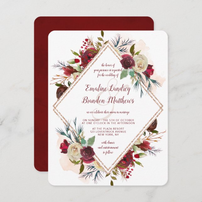 Mistletoe Manor Rose Gold Double Diamond Wedding Invitation (Front/Back)