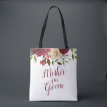 Mistletoe Manor Watercolor Mother of the Groom Tote Bag<br><div class="desc">Mistletoe Manor Watercolor Lush Roses Design with Hand Painted Florals, Holly Berry Leaves, Pine Sprig Foliage, and Watercolor Paint Brush Strokes. Colourful Marsala, Wine Merlot Red, Burgundy, Ivory Cream, and Green. With Swirly Chic Typography Brush Script Fonts and Elegant Floral Top Border - Mother of the Bride Tote Bags! ~...</div>