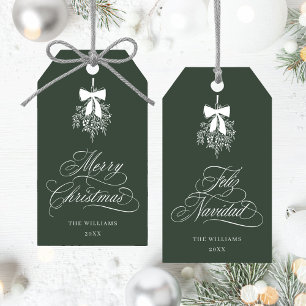 Mistletoe Merry Christmas Feliz Navidad Green Gift Tags