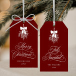 Mistletoe Merry Christmas | Feliz Navidad Red  Gift Tags<br><div class="desc">This holiday gift tag features elegant,  romantic swirly calligraphy with a winter mistletoe bouquet and a festive 'Merry Christmas' on the front,  along with 'Feliz Navidad' script on the back. For more advanced customisation of this design,  please click the BLUE DESIGN TOOL BUTTON above!</div>