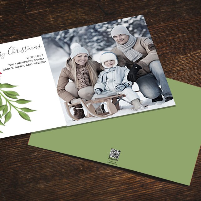 Mistletoe Merry Christmas One Photo Holiday Card (Simple 5x7 Merry Christmas photo card with whimsical mistletoe greenery. )