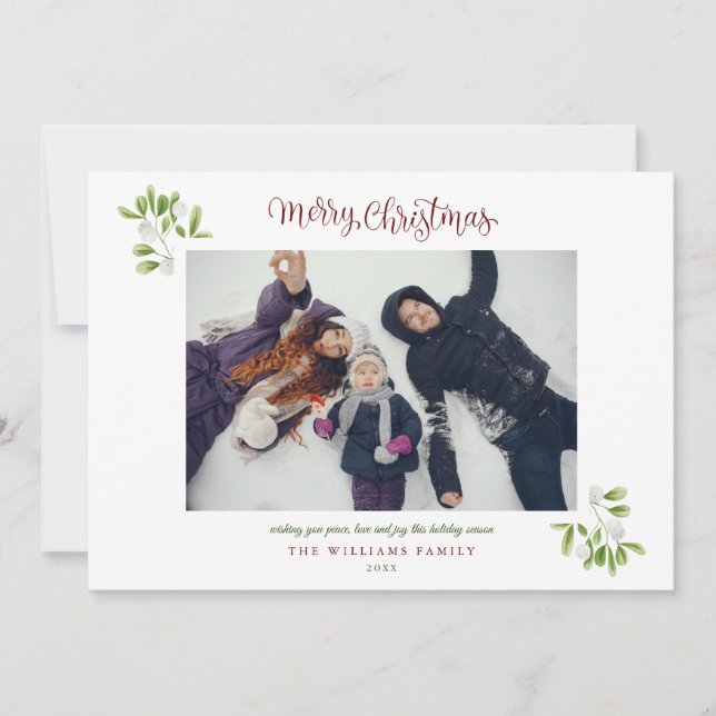 Mistletoe Modern Script Merry Christmas Photo Holiday Card (Front)