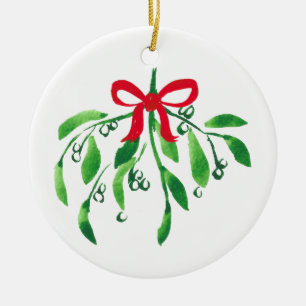 Mistletoe NAME & NAME Year Festive Red Green Kiss Ceramic Ornament