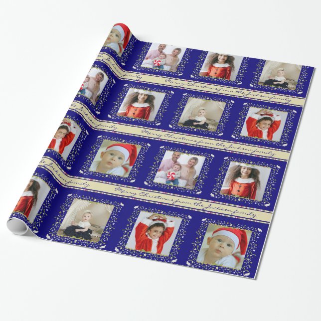 Mistletoe partridge stripes blue Christmas photo Wrapping Paper (Unrolled)