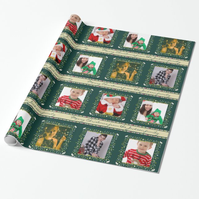Mistletoe partridge stripes green Christmas photo Wrapping Paper (Unrolled)