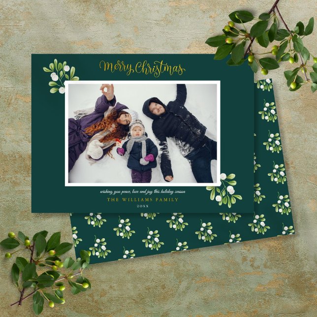 Mistletoe Photo Gold Script Merry Christmas Holiday Card (Mistletoe Photo Gold Script Merry Christmas Holiday Card)